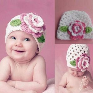 Newborn Photography Prop - Baby wearing white hat with pink flower