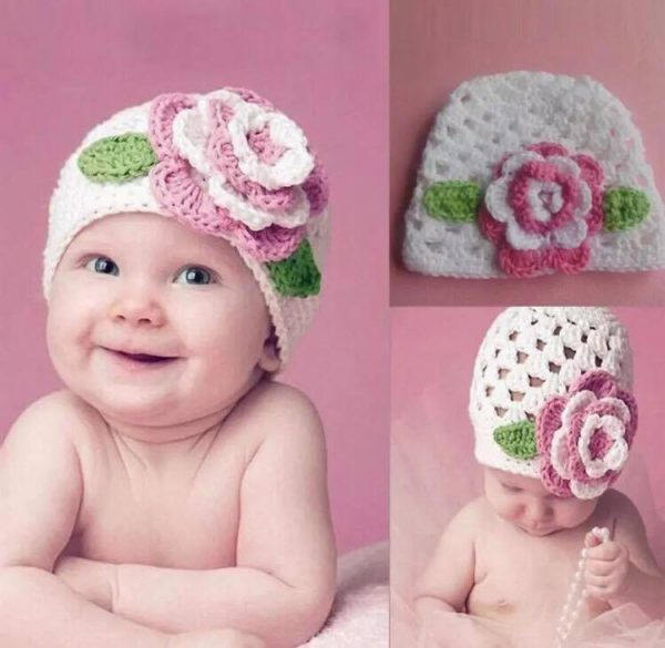 Newborn Photography Prop - Baby wearing white hat with pink flower