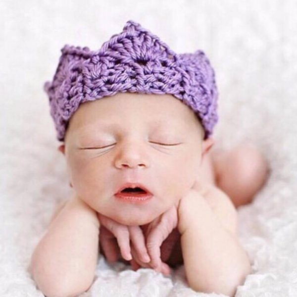 Newborn Photography Prop - Baby wearing purple hat and closing eyes
